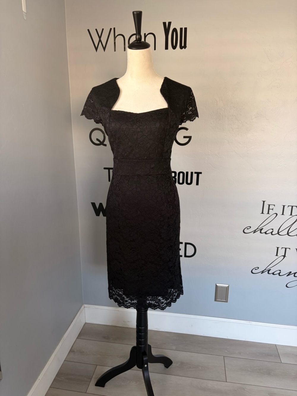 Grace Karin Black Lace Midi Dress with Cap Sleeves